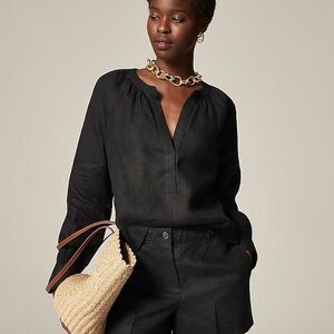 J. CREW LINEN SPLIT NECK CABANA POPOVER LONG SLEEVE TOP BOHO EDGY PREPPY Black S